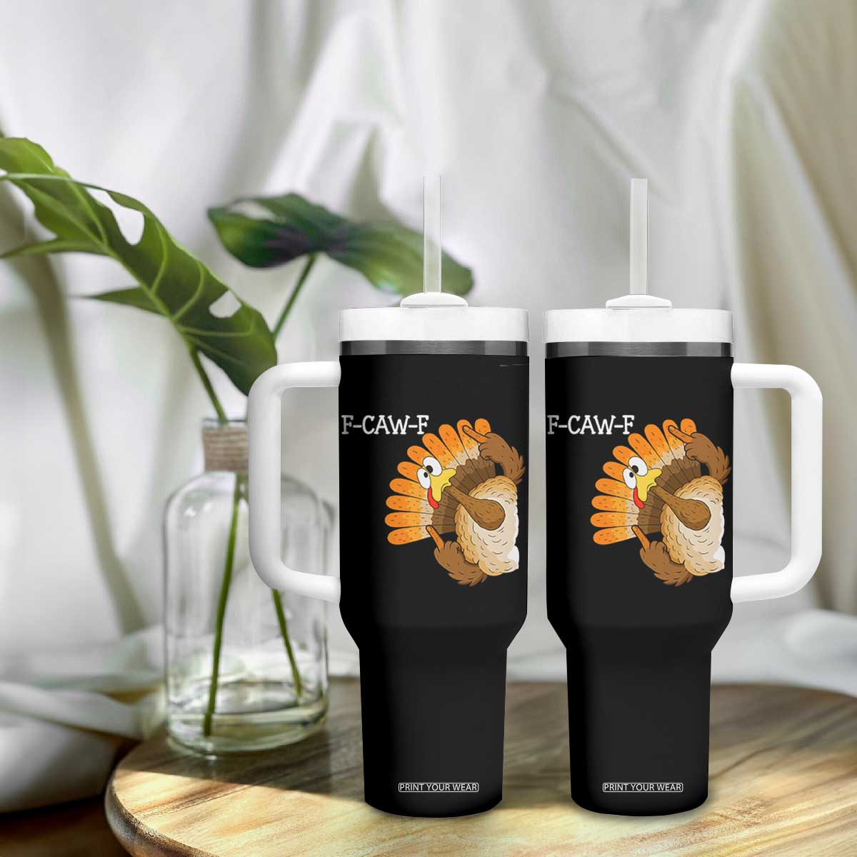 F-Caw-F Funny Silly Turkey Tumbler With Handle Happy Thanksgiving Day Family Dinner TS10 Print Your Wear
