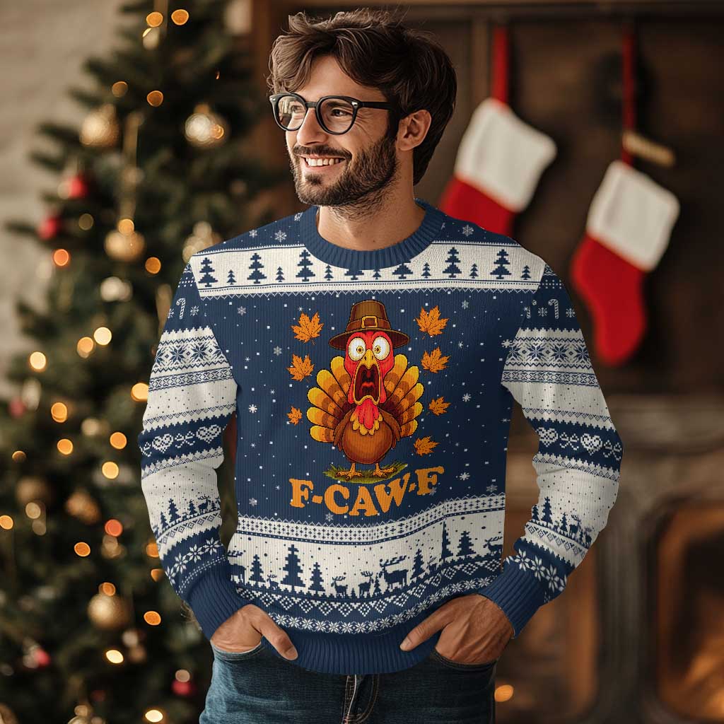 F-Caw-F Funny Turkey Ugly Christmas Sweater Happy Thanksgiving Day Autumn Family Dinner TS10 Navy Beige Print Your Wear