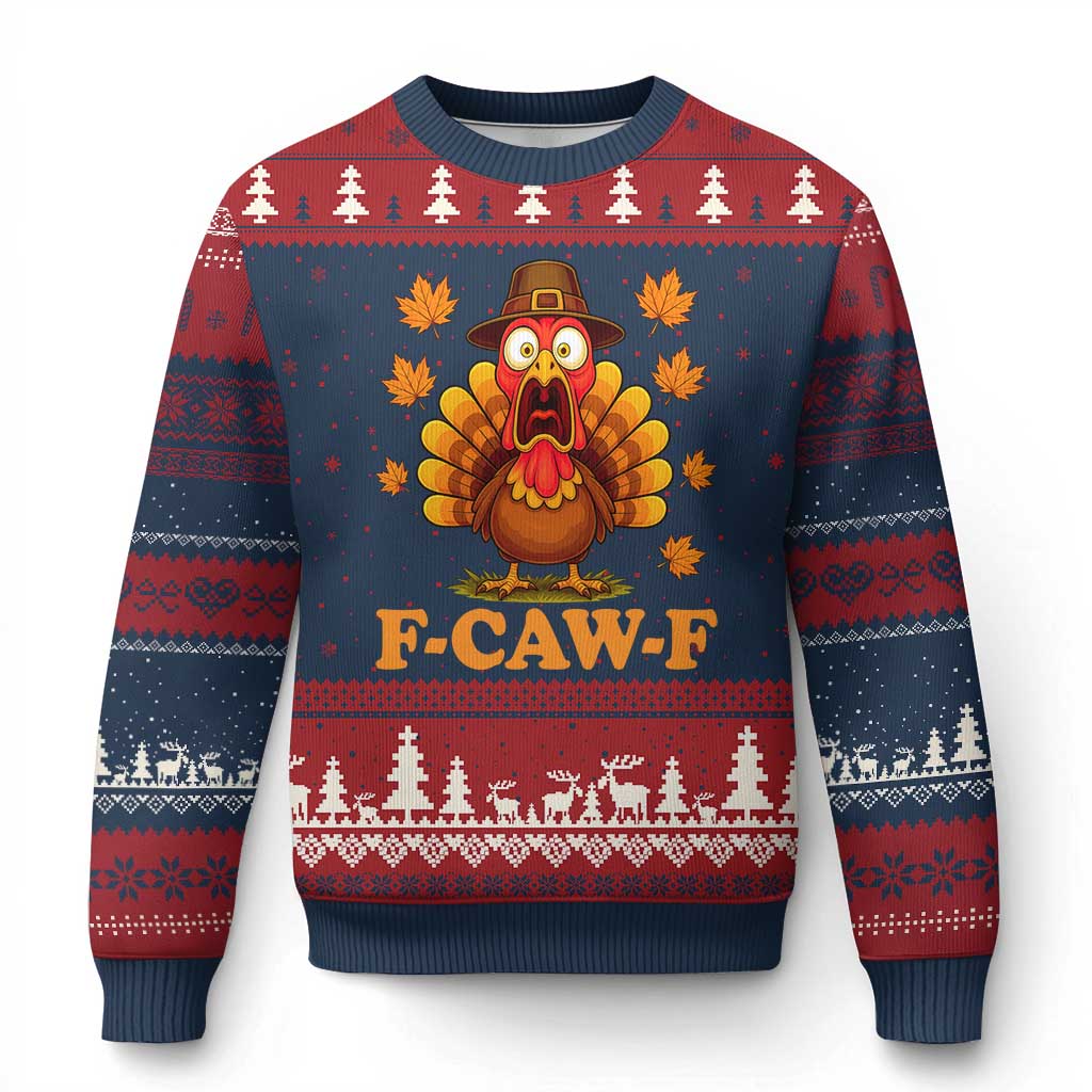 F-Caw-F Funny Turkey Ugly Christmas Sweater Happy Thanksgiving Day Autumn Family Dinner TS10 Navy Red Print Your Wear