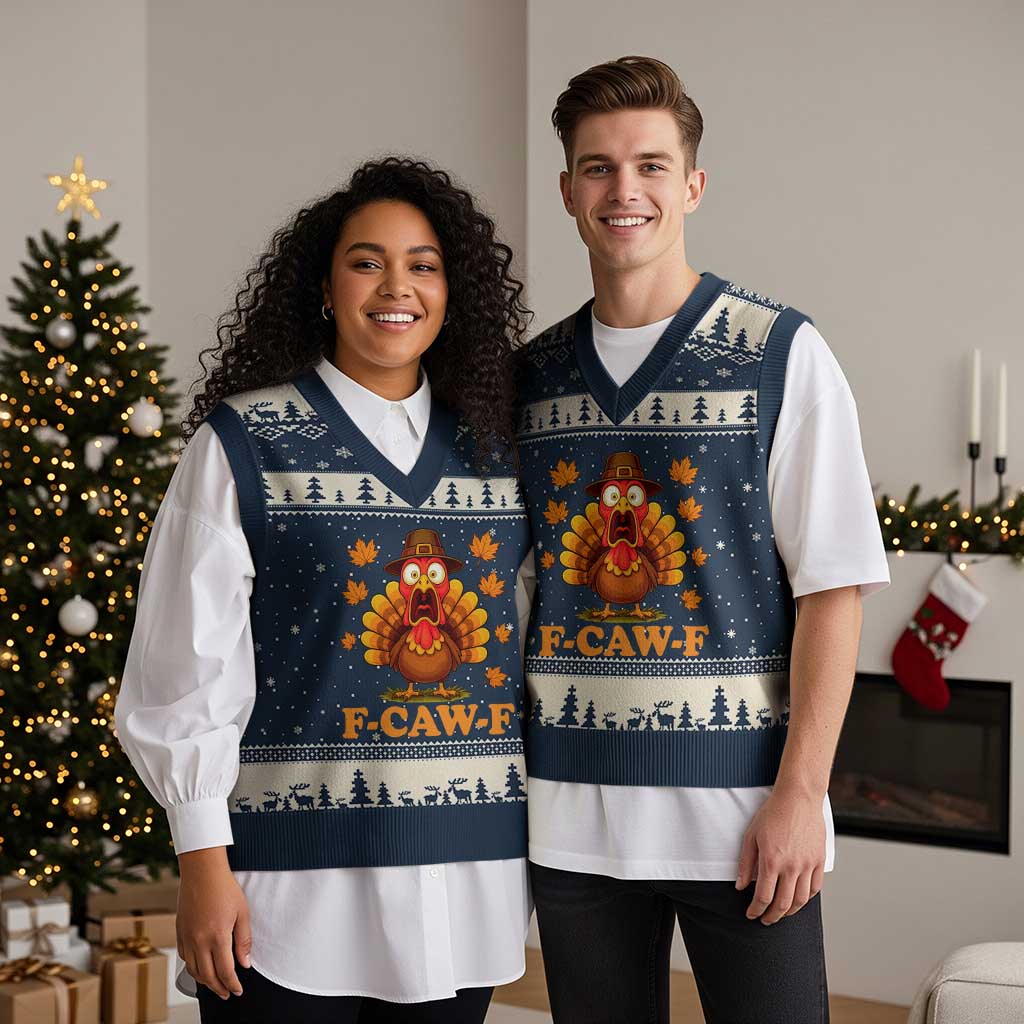 F-Caw-F Funny Turkey V-Neck Knit Sweater Vest Happy Thanksgiving Day Autumn Family Dinner TS10 Navy Beige Print Your Wear