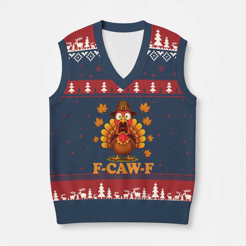 F-Caw-F Funny Turkey V-Neck Knit Sweater Vest Happy Thanksgiving Day Autumn Family Dinner TS10 Navy Red Print Your Wear