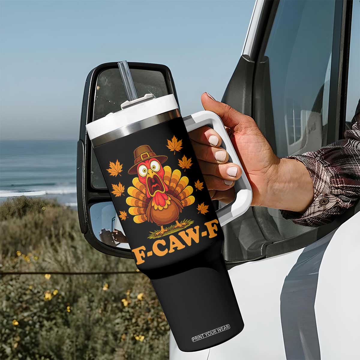 F-Caw-F Funny Turkey Tumbler With Handle Happy Thanksgiving Day Autumn Family Dinner TS10 Print Your Wear