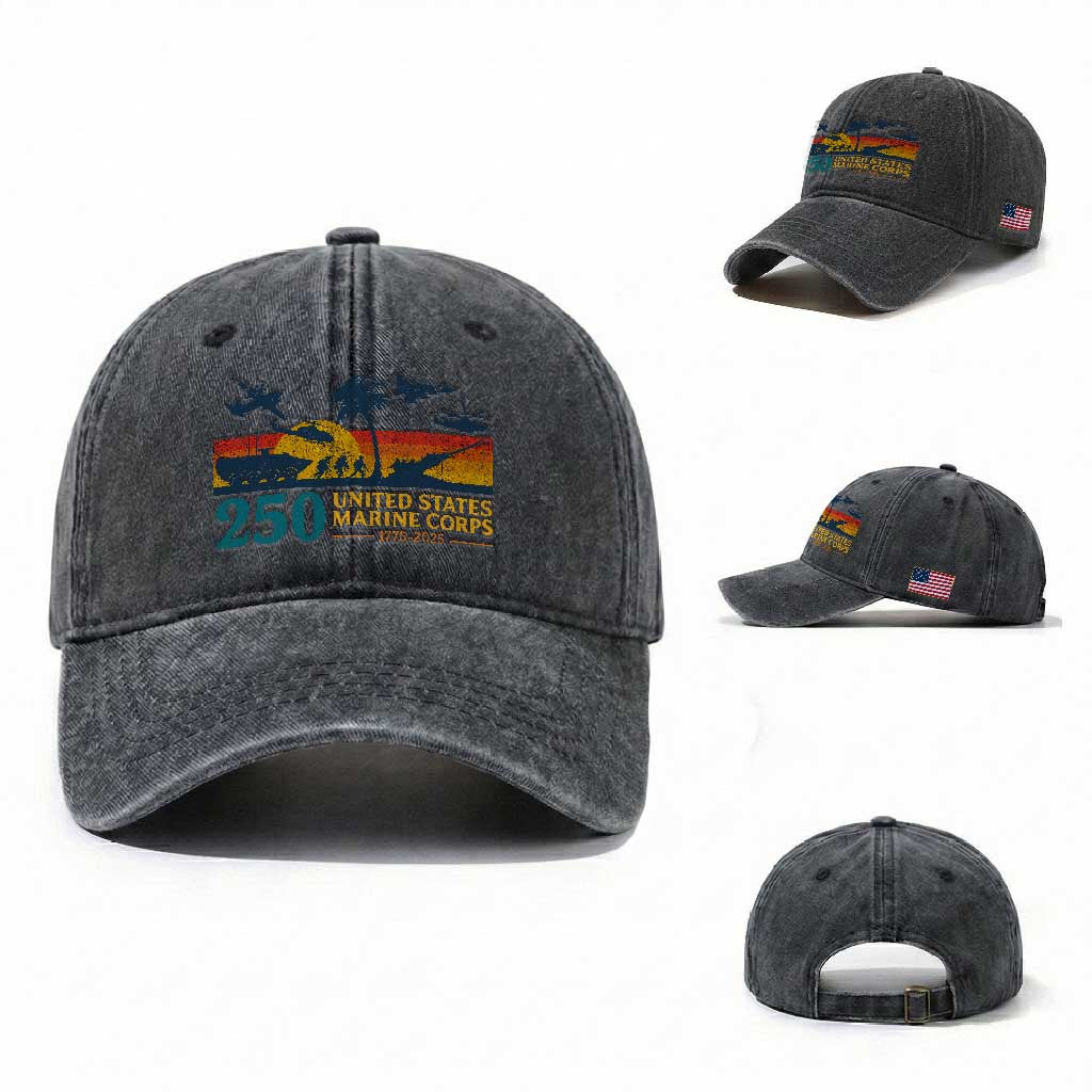 Marine 250th Anniversary Washed Cotton Baseball Cap Patriotic Military Gift for Veterans TS10 Washed Cap Universal Fit Dark Gray Print Your Wear