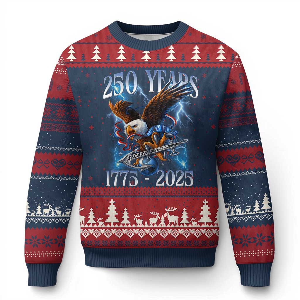 Marine Veteran 250th Anniversary Ugly Christmas Sweater Eagle Patriotic Military Gift for Marines Veterans TS10 Navy Red Print Your Wear