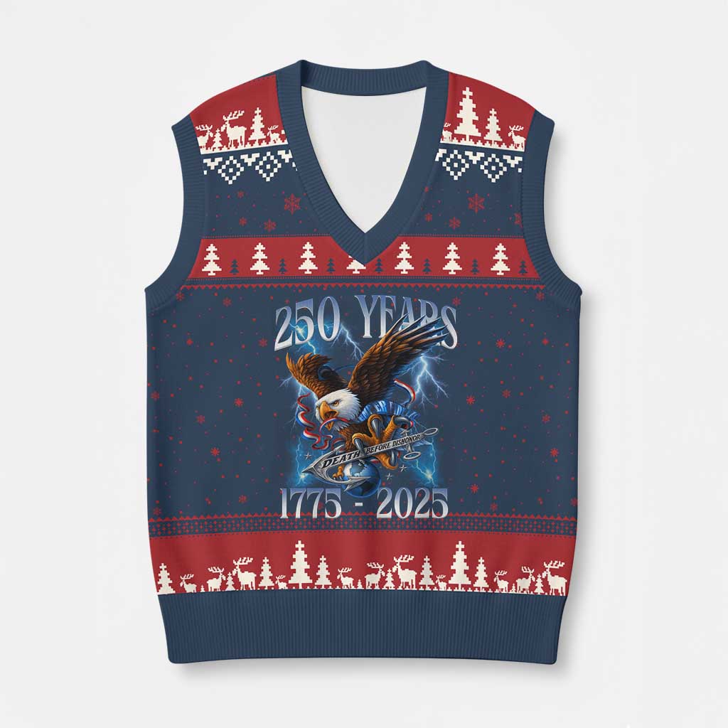 Marine Veteran 250th Anniversary V-Neck Knit Sweater Vest Eagle Patriotic Military Gift for Marines Veterans TS10 Navy Red Print Your Wear