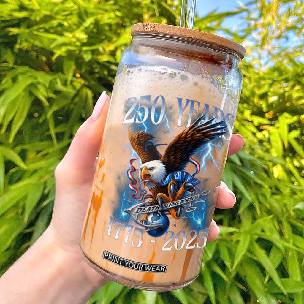 Marine Veteran 250th Anniversary Glass Can Eagle Patriotic Military Gift for Marines Veterans TS10 Black Print Your Wear