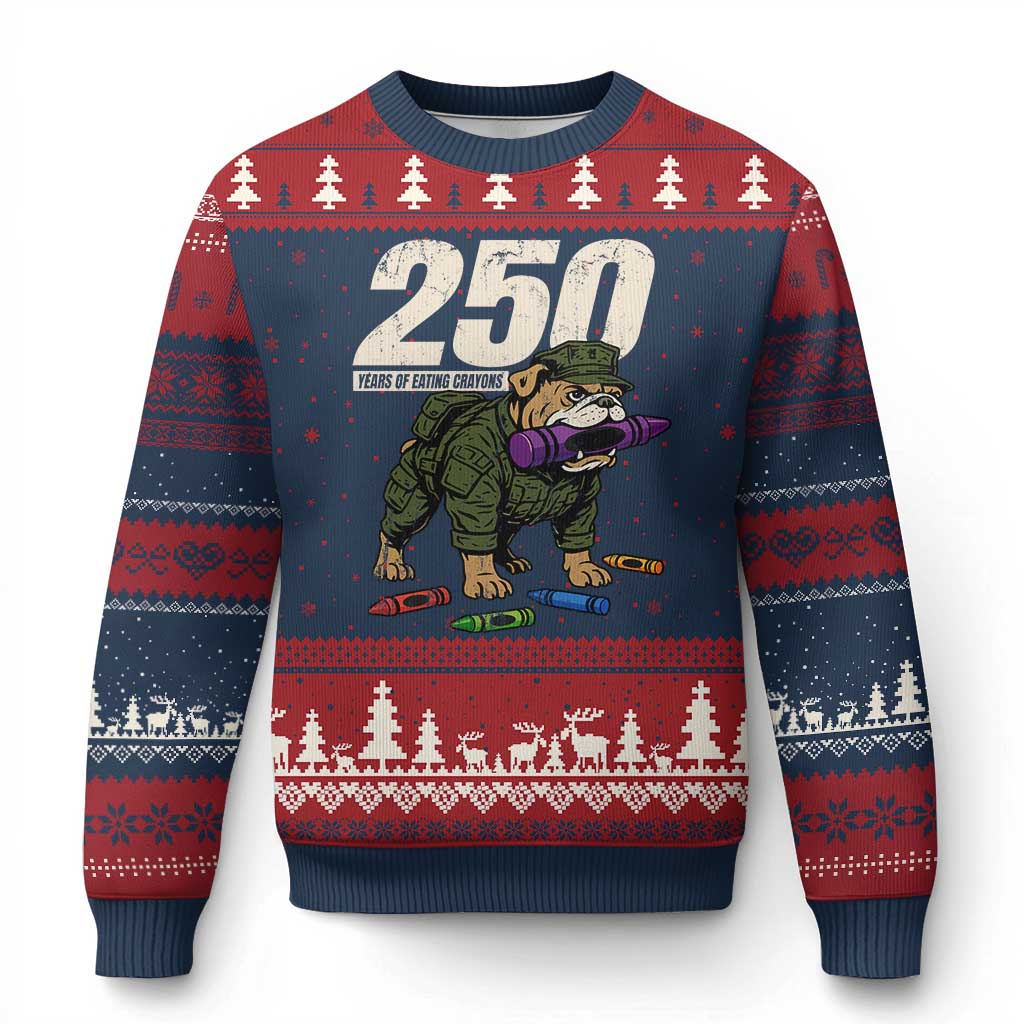 250 Years Of Eating Crayons Ugly Christmas Sweater Vintage Bulldog Patriotic Veteran Military Gift TS10 Navy Red Print Your Wear