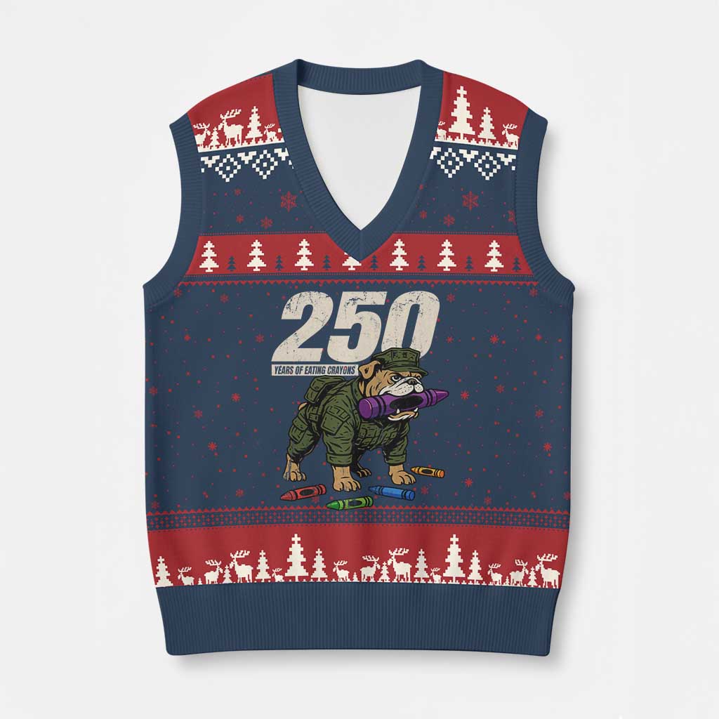 250 Years Of Eating Crayons V-Neck Knit Sweater Vest Vintage Bulldog Patriotic Veteran Military Gift TS10 Navy Red Print Your Wear