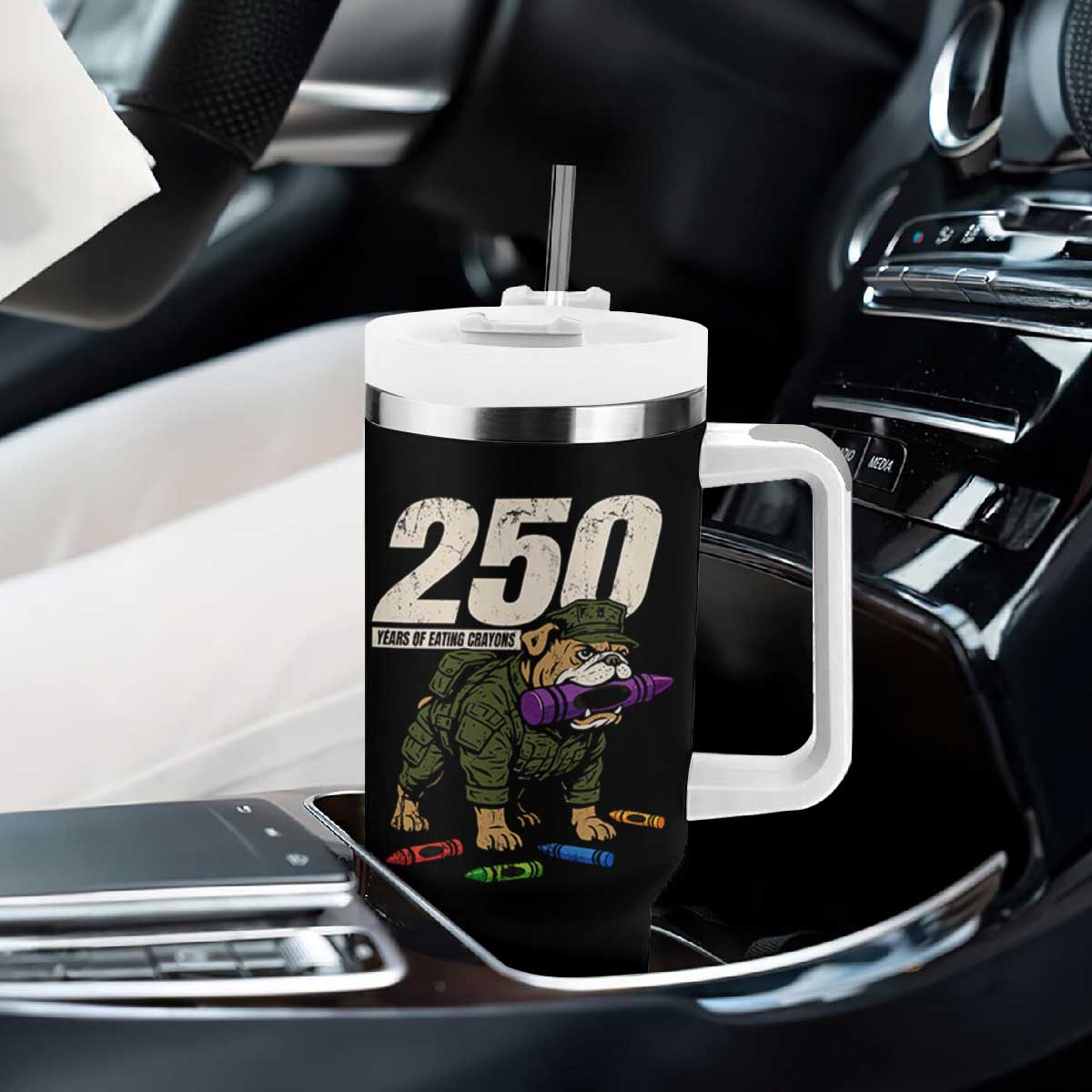 250 Years Of Eating Crayons Tumbler With Handle Vintage Bulldog Patriotic Veteran Military Gift TS10 Print Your Wear
