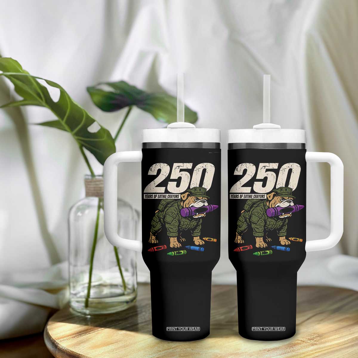 250 Years Of Eating Crayons Tumbler With Handle Vintage Bulldog Patriotic Veteran Military Gift TS10 Print Your Wear