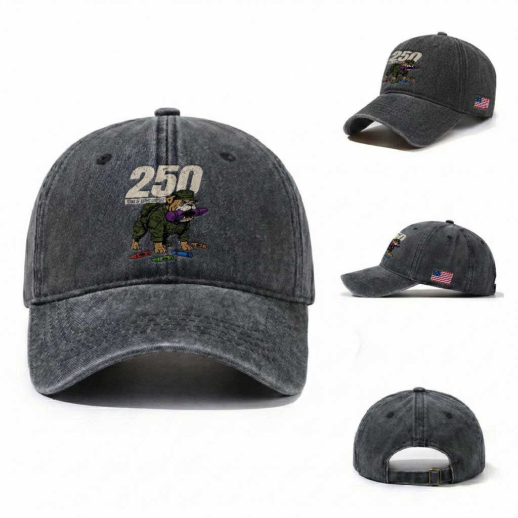 250 Years Of Eating Crayons Washed Cotton Baseball Cap Vintage Bulldog Patriotic Veteran Military Gift TS10 Washed Cap Universal Fit Dark Gray Print Your Wear