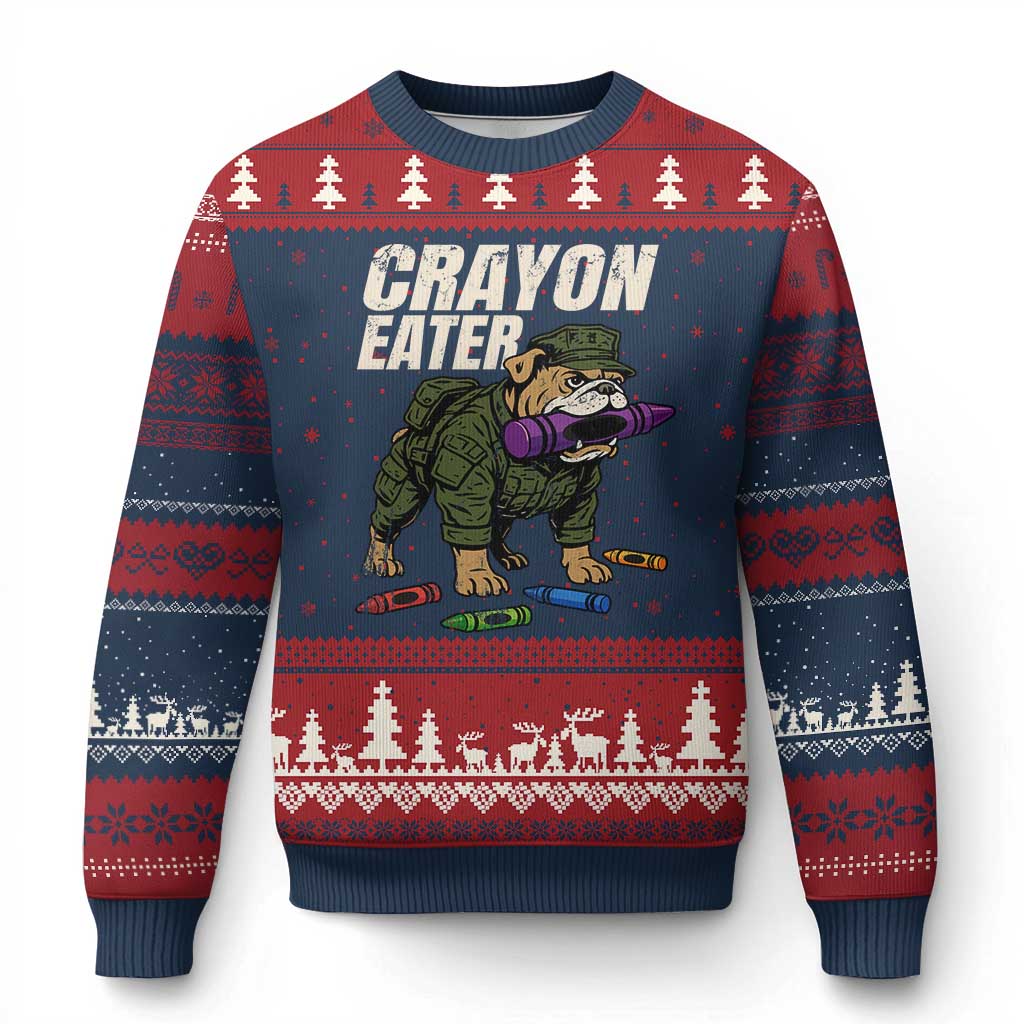 Crayon Eater Ugly Christmas Sweater Funny Bulldog Military Corps Proud Soldier Family - Print Your Wear