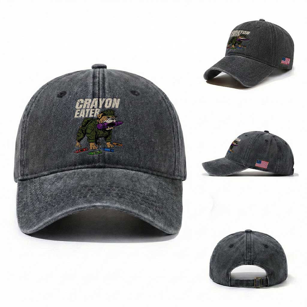 Crayon Eater Washed Cotton Baseball Cap Funny Bulldog Military Corps Proud Soldier Family TS10 Washed Cap Universal Fit Dark Gray Print Your Wear