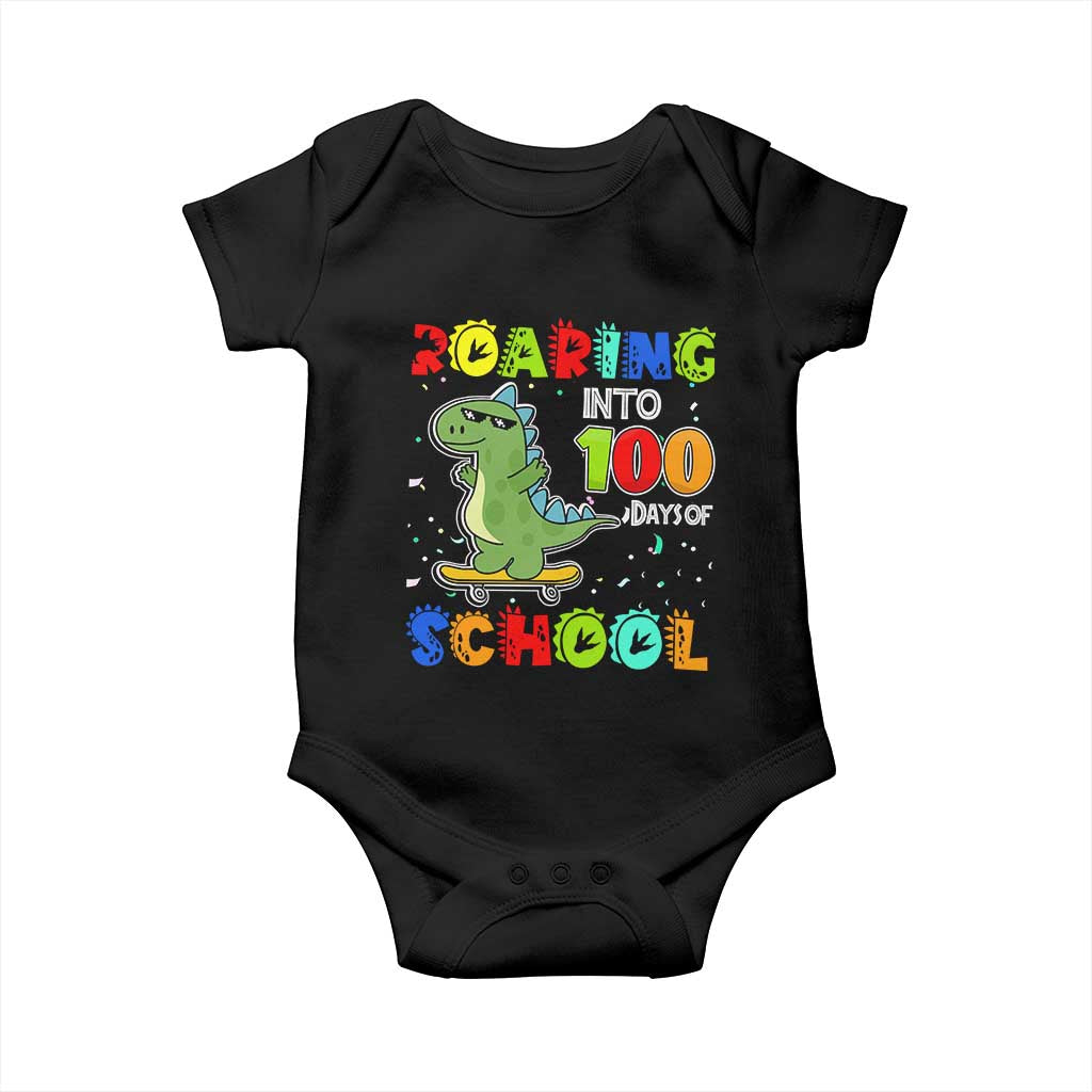 100 Days Of School Dinosaur Baby Onesie Trex Dino Skateboard Skateboarding Boys Roaring Into 100th Day TS10 Black Print Your Wear