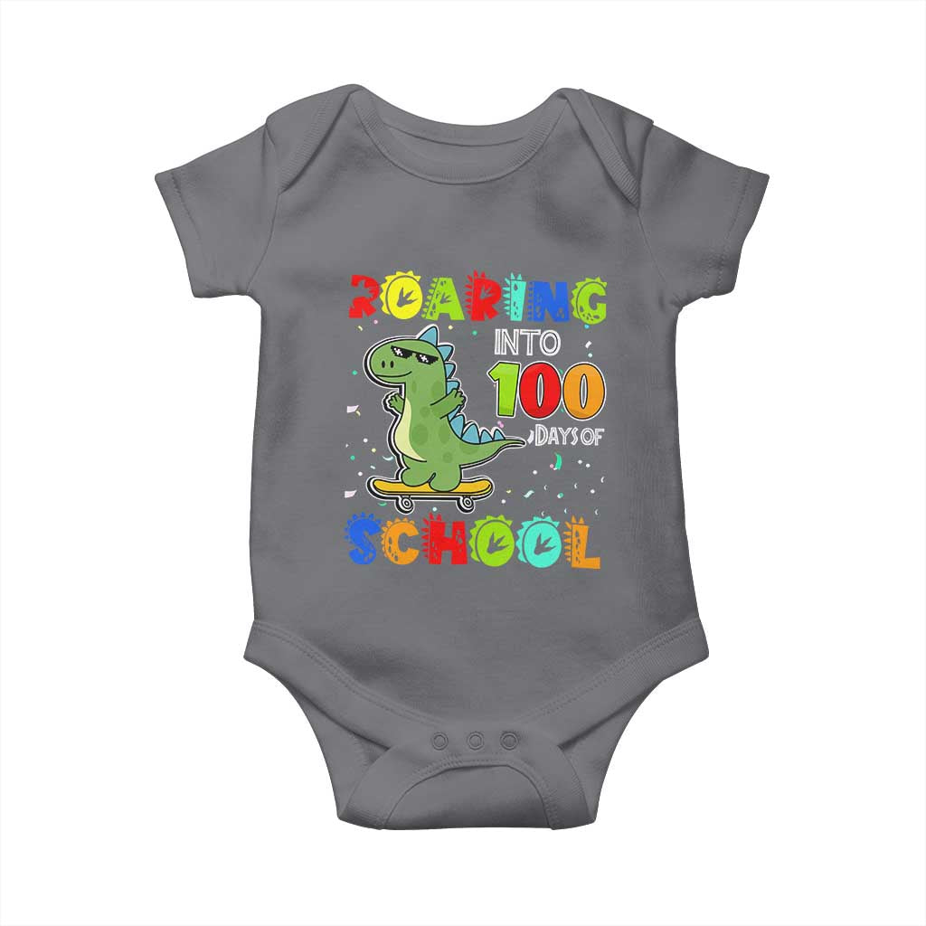 100 Days Of School Dinosaur Baby Onesie Trex Dino Skateboard Skateboarding Boys Roaring Into 100th Day TS10 Charcoal Print Your Wear