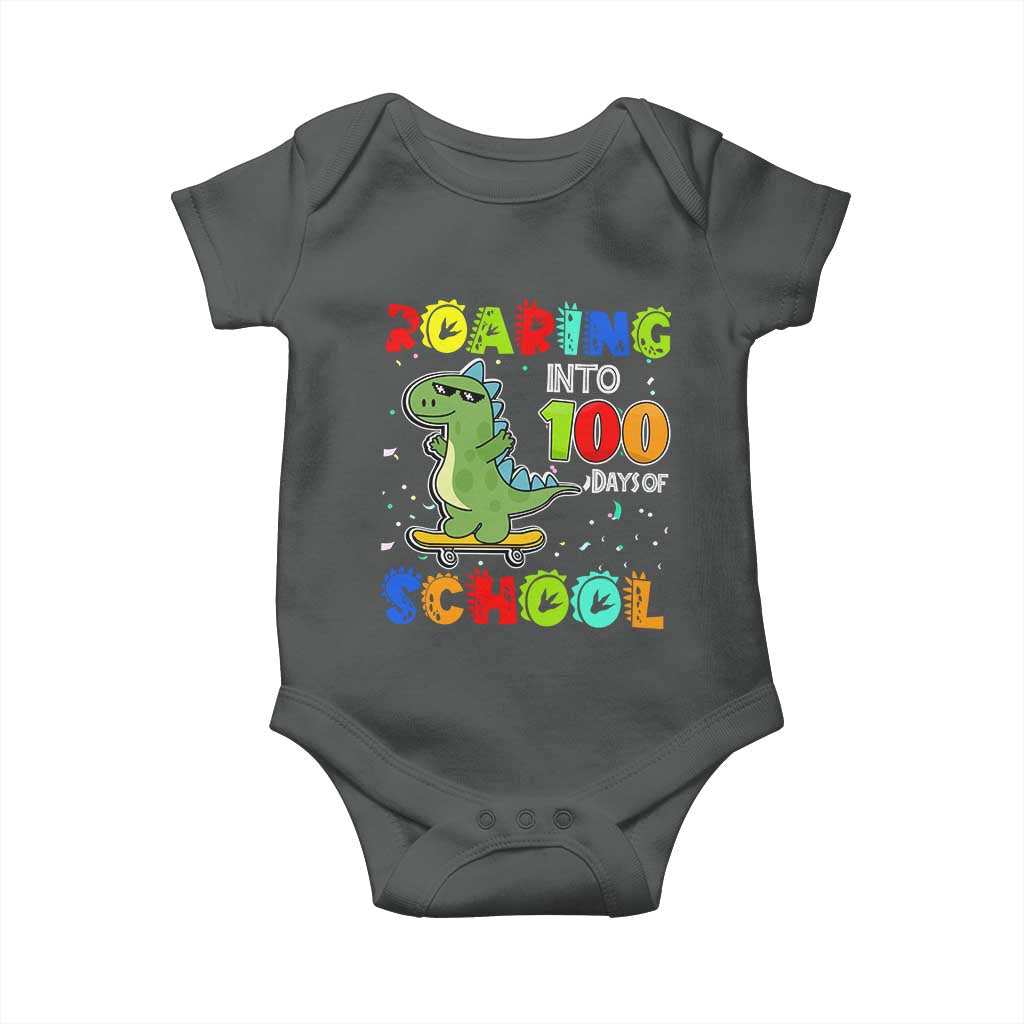 100 Days Of School Dinosaur Baby Onesie Trex Dino Skateboard Skateboarding Boys Roaring Into 100th Day TS10 Dark Heather Print Your Wear