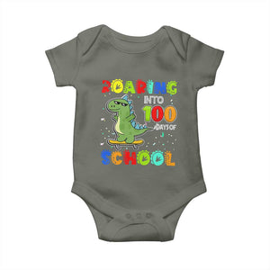 100 Days Of School Dinosaur Baby Onesie Trex Dino Skateboard Skateboarding Boys Roaring Into 100th Day TS10 Military Green Print Your Wear