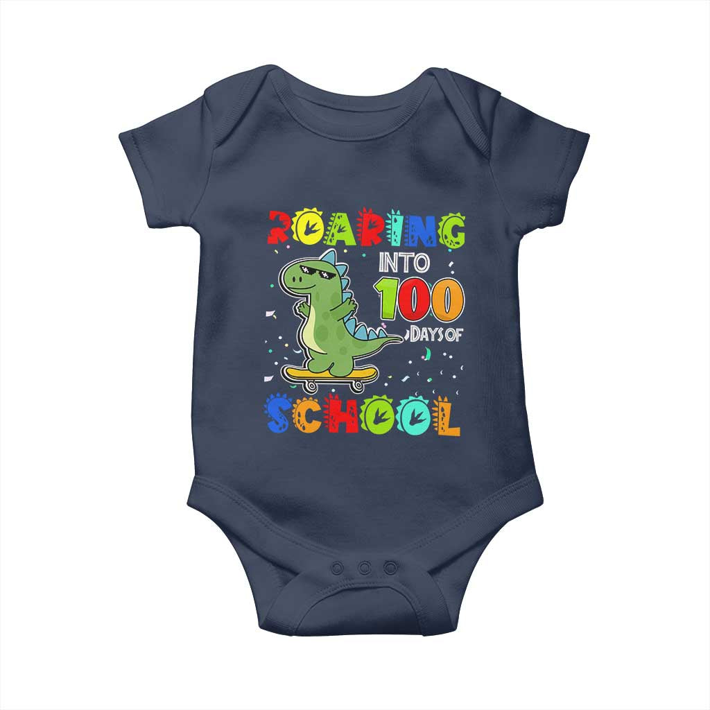 100 Days Of School Dinosaur Baby Onesie Trex Dino Skateboard Skateboarding Boys Roaring Into 100th Day TS10 Navy Print Your Wear