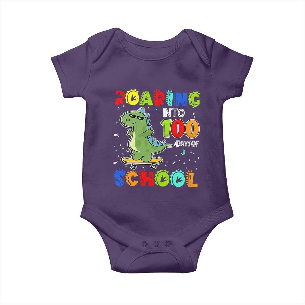 100 Days Of School Dinosaur Baby Onesie Trex Dino Skateboard Skateboarding Boys Roaring Into 100th Day TS10 Purple Print Your Wear