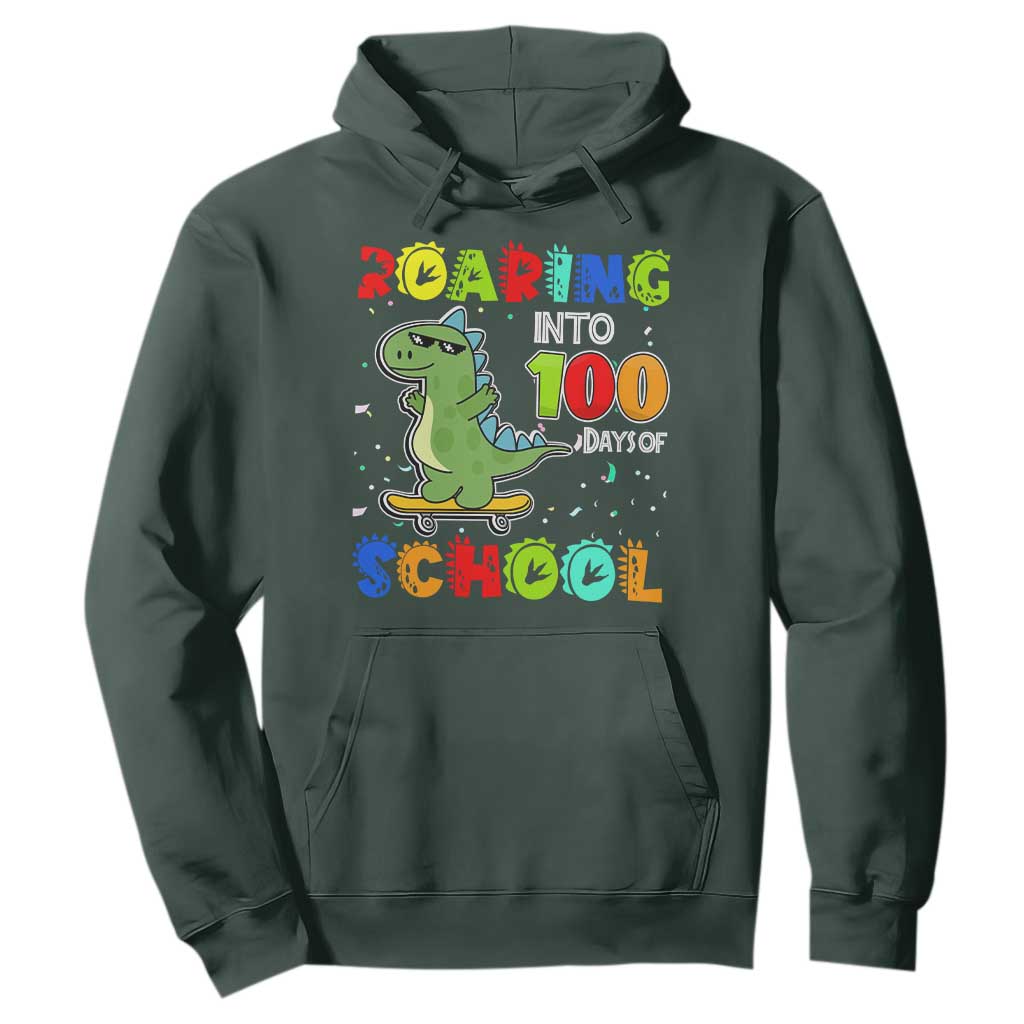 100 Days Of School Dinosaur Hoodie Trex Dino Skateboard Skateboarding Boys Roaring Into 100th Day TS10 Dark Forest Green Print Your Wear
