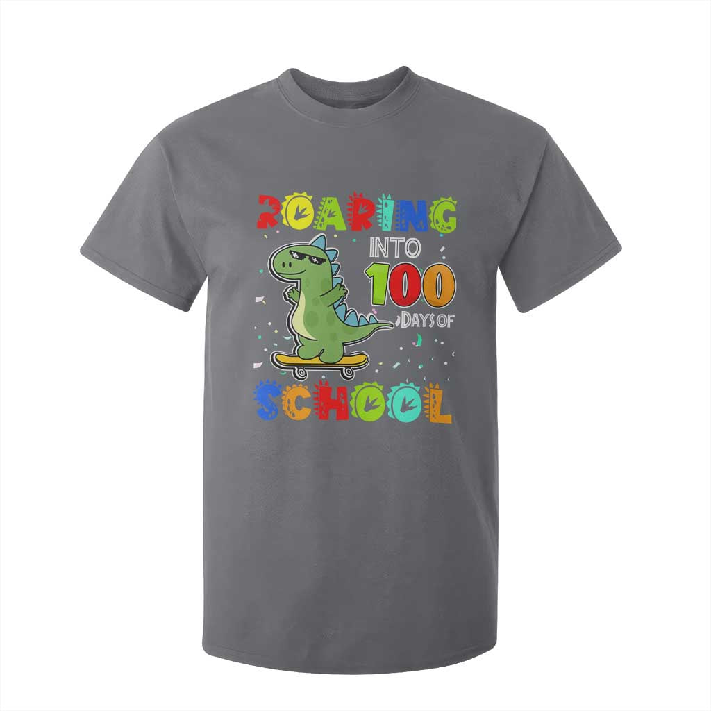 100 Days Of School Dinosaur T Shirt For Kid Trex Dino Skateboard Skateboarding Boys Roaring Into 100th Day TS10 Charcoal Print Your Wear