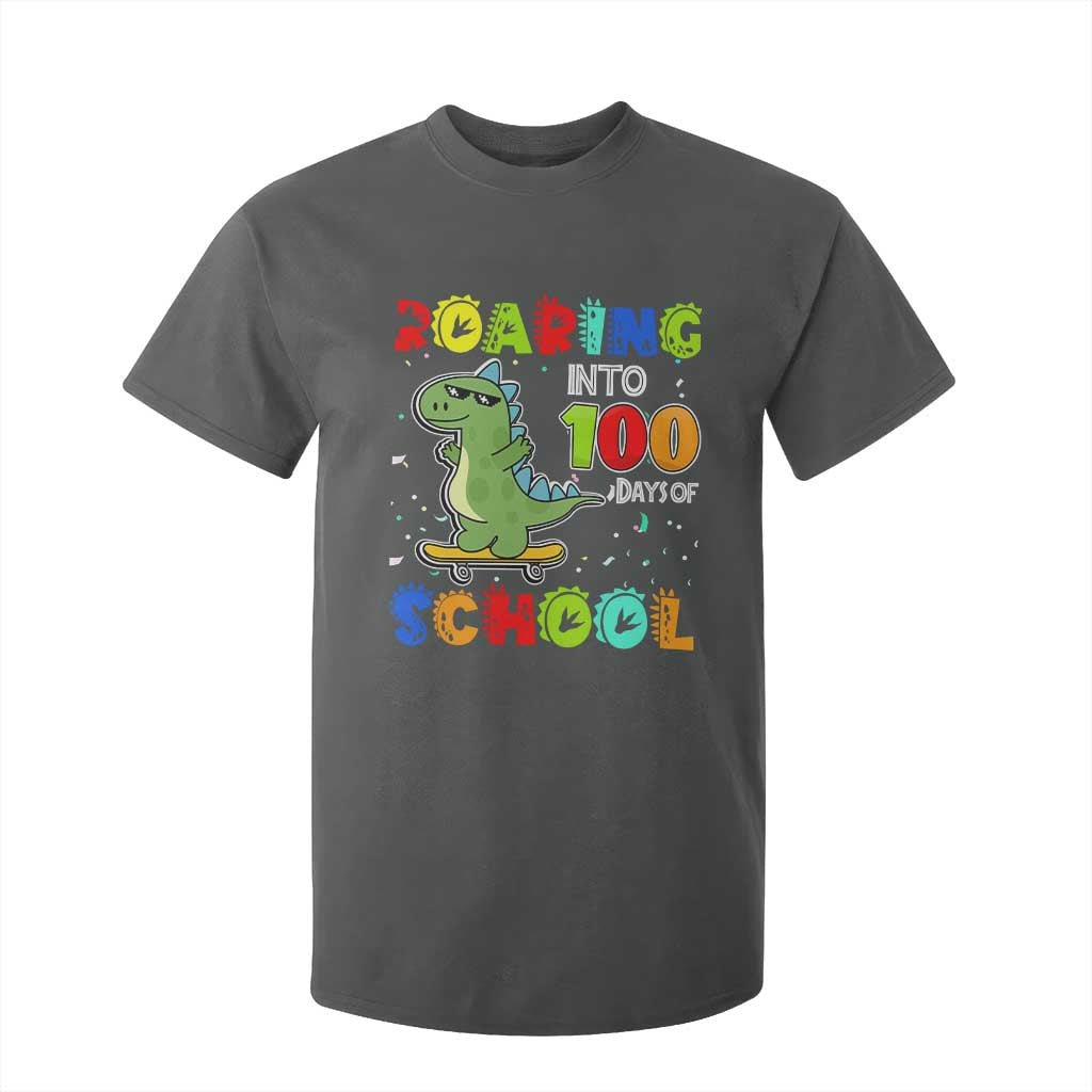 100 Days Of School Dinosaur T Shirt For Kid Trex Dino Skateboard Skateboarding Boys Roaring Into 100th Day TS10 Dark Heather Print Your Wear