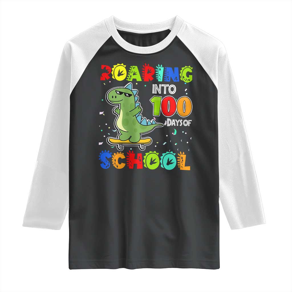 100 Days Of School Dinosaur Raglan Shirt Trex Dino Skateboard Skateboarding Boys Roaring Into 100th Day TS10 Black White Print Your Wear