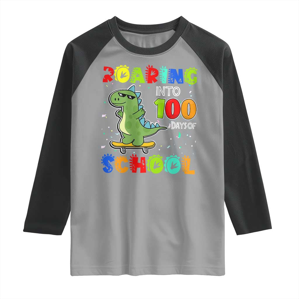 100 Days Of School Dinosaur Raglan Shirt Trex Dino Skateboard Skateboarding Boys Roaring Into 100th Day TS10 Sport Gray Black Print Your Wear