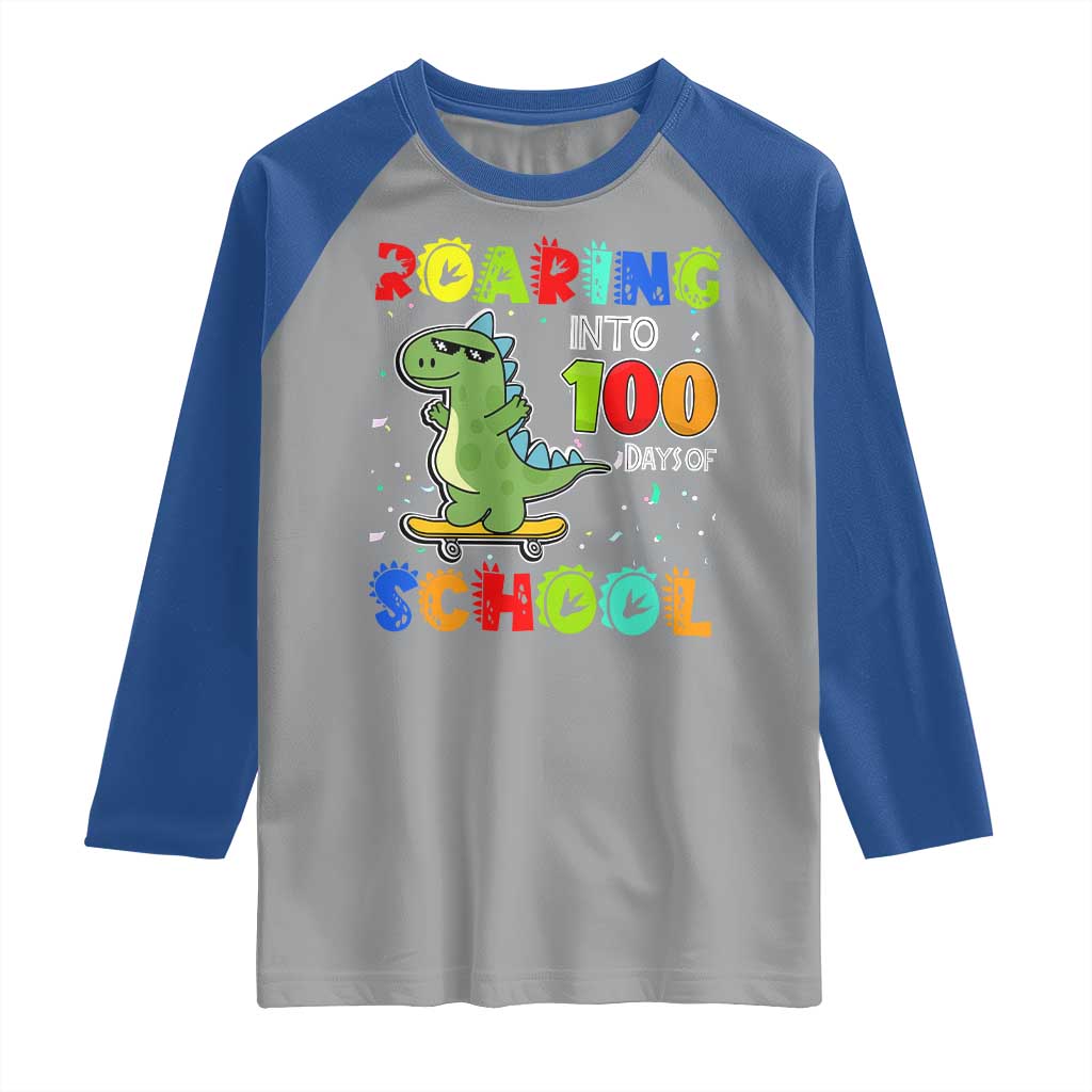 100 Days Of School Dinosaur Raglan Shirt Trex Dino Skateboard Skateboarding Boys Roaring Into 100th Day TS10 Sport Gray Royal Print Your Wear
