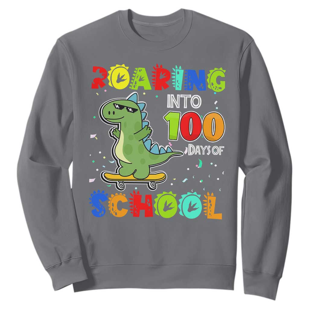100 Days Of School Dinosaur Sweatshirt Trex Dino Skateboard Skateboarding Boys Roaring Into 100th Day TS10 Charcoal Print Your Wear
