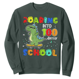100 Days Of School Dinosaur Sweatshirt Trex Dino Skateboard Skateboarding Boys Roaring Into 100th Day TS10 Dark Forest Green Print Your Wear