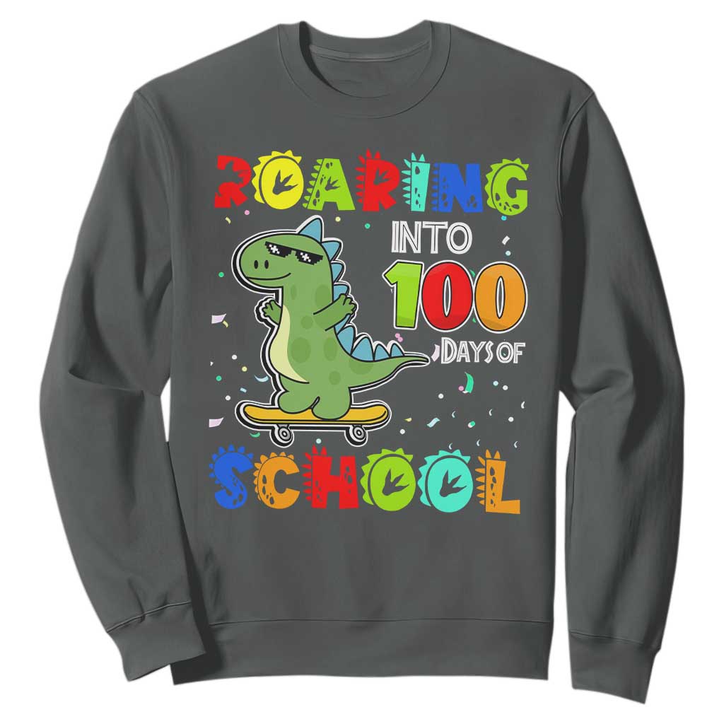 100 Days Of School Dinosaur Sweatshirt Trex Dino Skateboard Skateboarding Boys Roaring Into 100th Day TS10 Dark Heather Print Your Wear