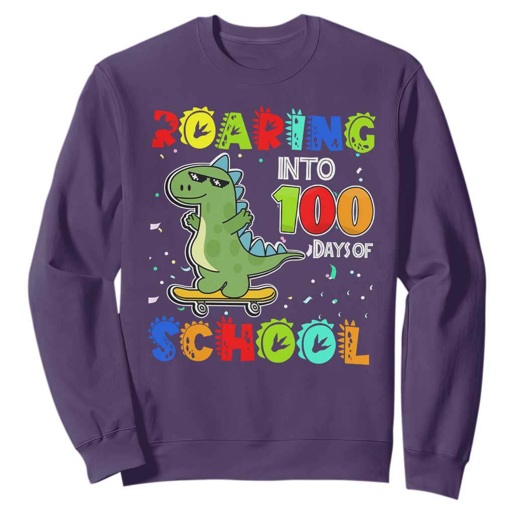 100 Days Of School Dinosaur Sweatshirt Trex Dino Skateboard Skateboarding Boys Roaring Into 100th Day TS10 Purple Print Your Wear