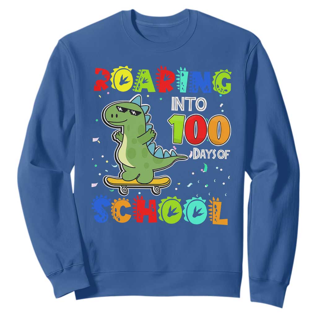 100 Days Of School Dinosaur Sweatshirt Trex Dino Skateboard Skateboarding Boys Roaring Into 100th Day TS10 Royal Blue Print Your Wear
