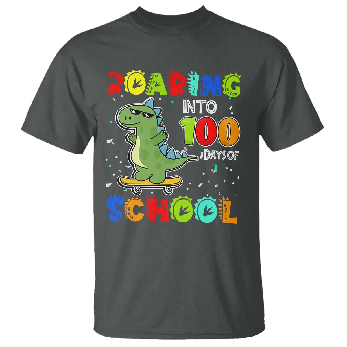 100 Days Of School Dinosaur T Shirt Trex Dino Skateboard Skateboarding Boys Roaring Into 100th Day TS10 Dark Heather Print Your Wear