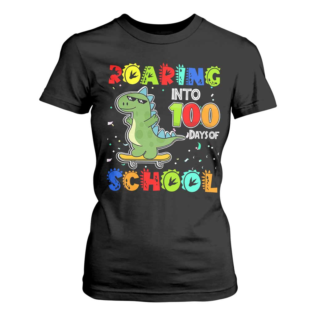 100 Days Of School Dinosaur T Shirt For Women Trex Dino Skateboard Skateboarding Boys Roaring Into 100th Day TS10 Black Print Your Wear