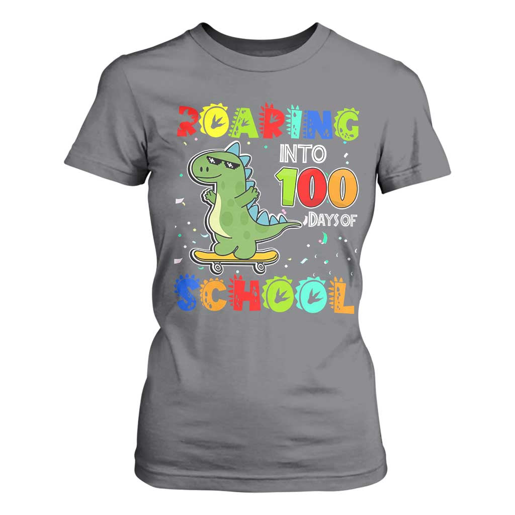 100 Days Of School Dinosaur T Shirt For Women Trex Dino Skateboard Skateboarding Boys Roaring Into 100th Day TS10 Charcoal Print Your Wear