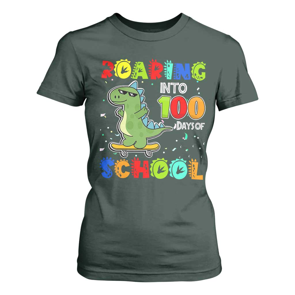 100 Days Of School Dinosaur T Shirt For Women Trex Dino Skateboard Skateboarding Boys Roaring Into 100th Day TS10 Dark Forest Green Print Your Wear