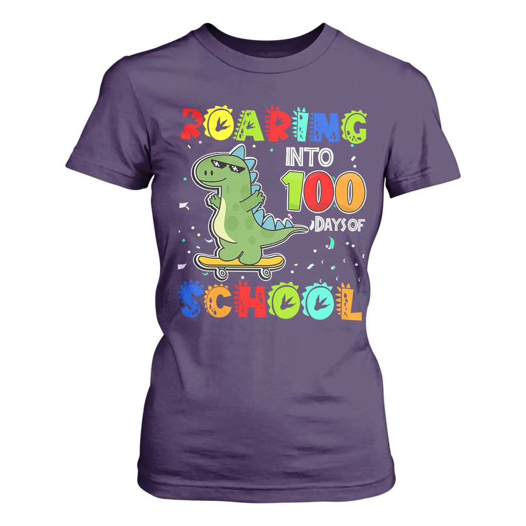 100 Days Of School Dinosaur T Shirt For Women Trex Dino Skateboard Skateboarding Boys Roaring Into 100th Day TS10 Purple Print Your Wear
