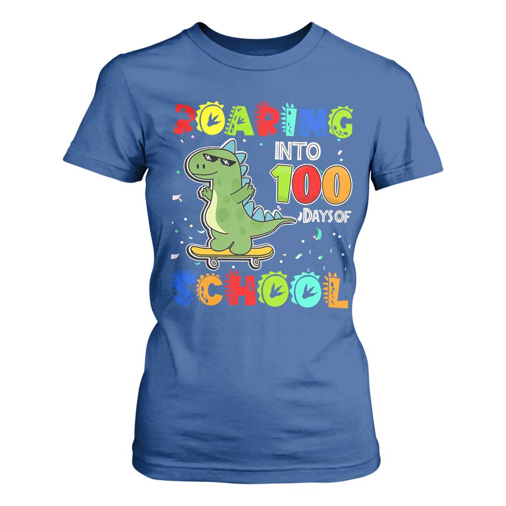 100 Days Of School Dinosaur T Shirt For Women Trex Dino Skateboard Skateboarding Boys Roaring Into 100th Day TS10 Royal Blue Print Your Wear