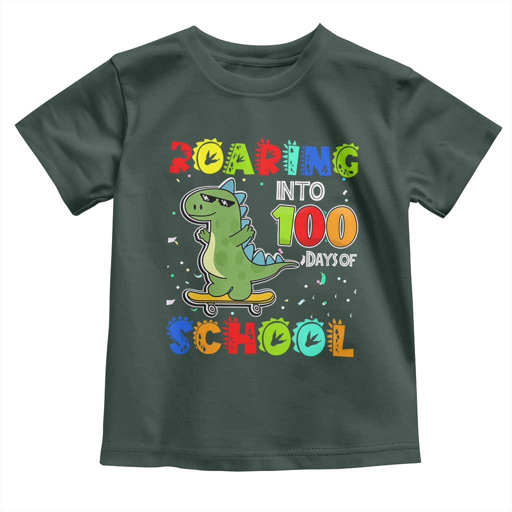 100 Days Of School Dinosaur Toddler T Shirt Trex Dino Skateboard Skateboarding Boys Roaring Into 100th Day TS10 Dark Forest Green Print Your Wear