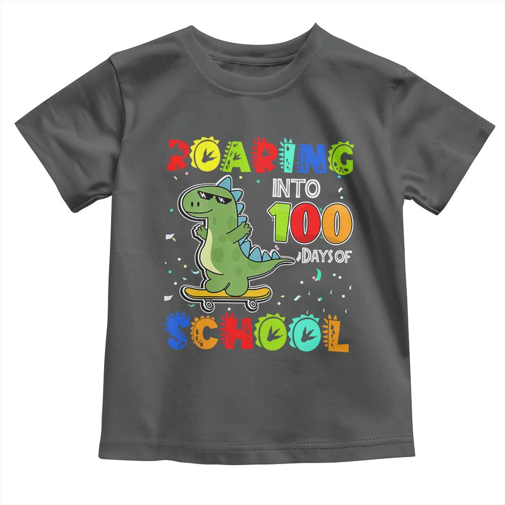 100 Days Of School Dinosaur Toddler T Shirt Trex Dino Skateboard Skateboarding Boys Roaring Into 100th Day TS10 Dark Heather Print Your Wear