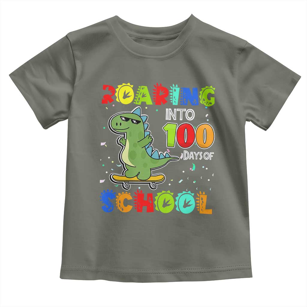 100 Days Of School Dinosaur Toddler T Shirt Trex Dino Skateboard Skateboarding Boys Roaring Into 100th Day TS10 Military Green Print Your Wear