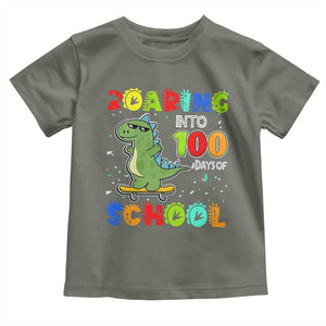 100 Days Of School Dinosaur Toddler T Shirt Trex Dino Skateboard Skateboarding Boys Roaring Into 100th Day TS10 Military Green Print Your Wear