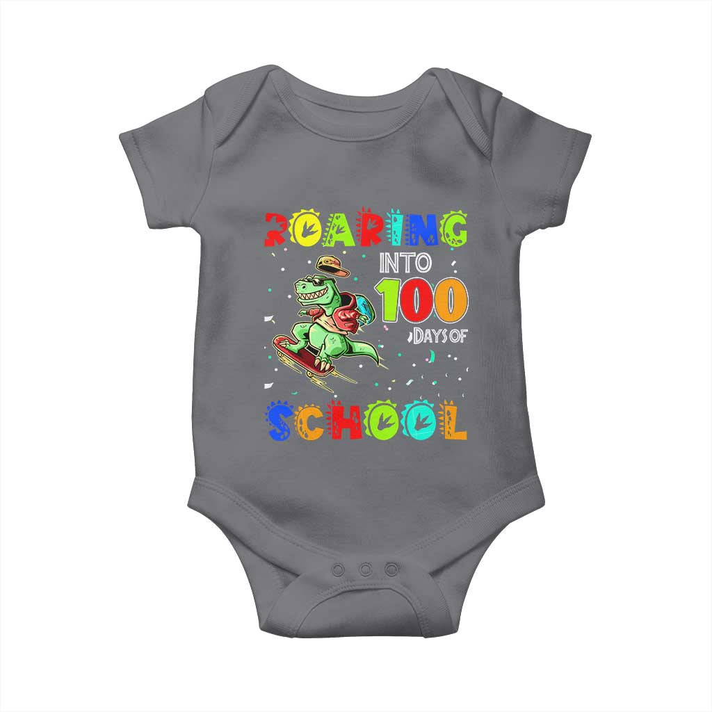 Funny Dinosaur Trex Roaring Into 100 Days Of School Baby Onesie TS10 Charcoal Print Your Wear