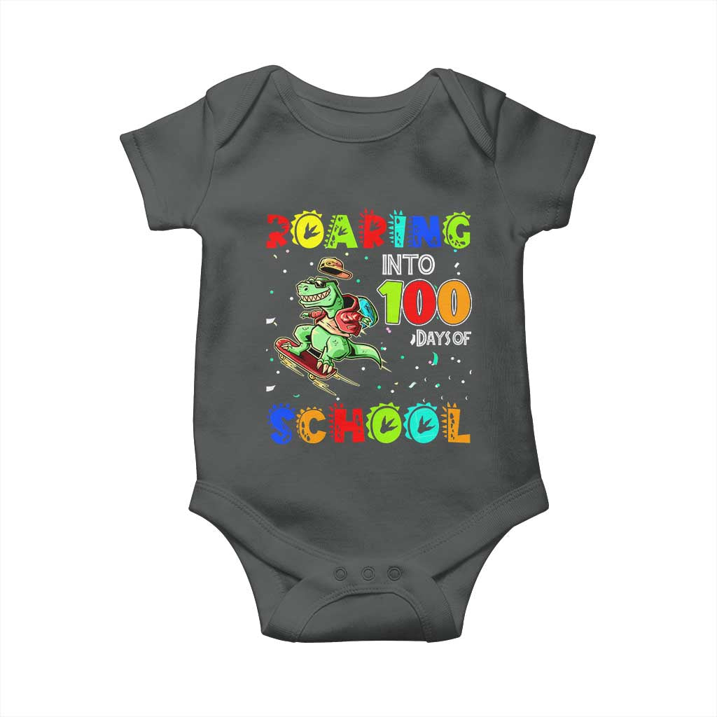Funny Dinosaur Trex Roaring Into 100 Days Of School Baby Onesie TS10 Dark Heather Print Your Wear