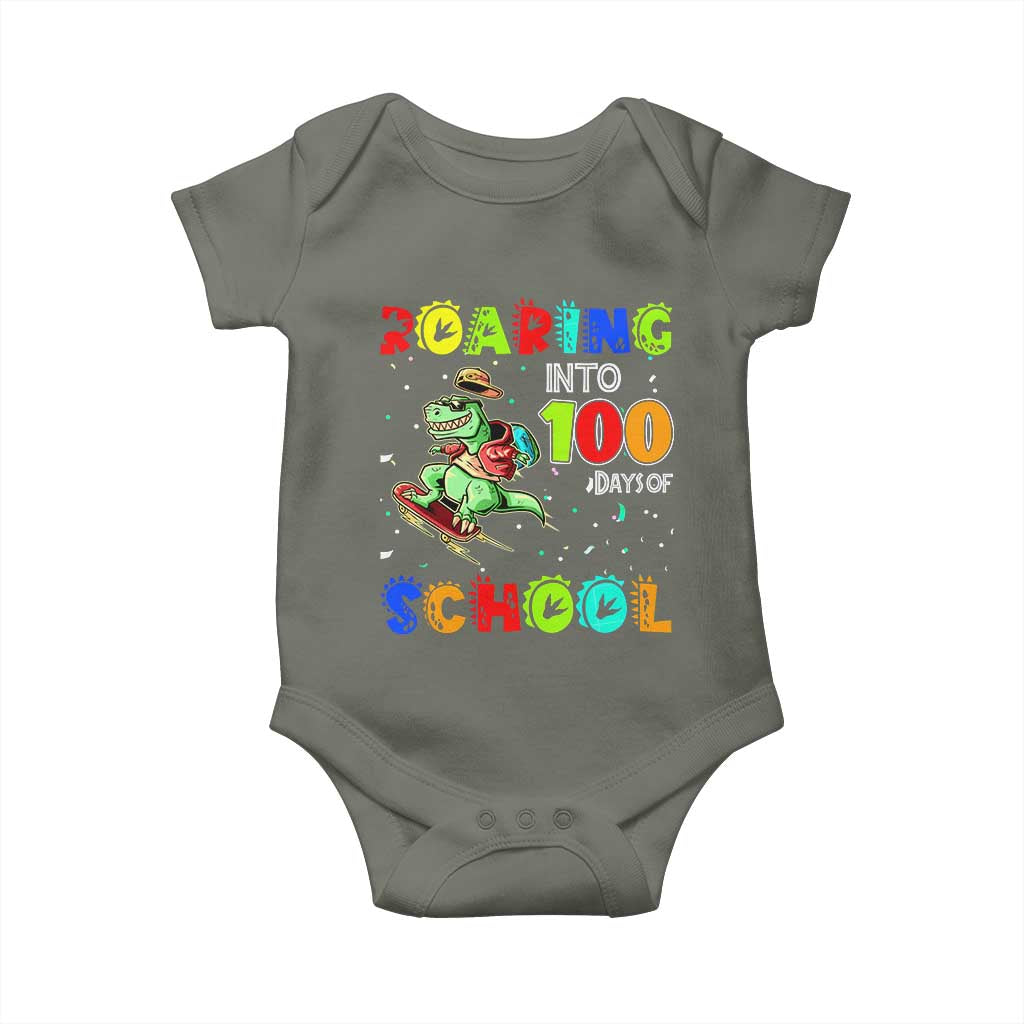 Funny Dinosaur Trex Roaring Into 100 Days Of School Baby Onesie TS10 Military Green Print Your Wear