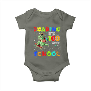 Funny Dinosaur Trex Roaring Into 100 Days Of School Baby Onesie TS10 Military Green Print Your Wear