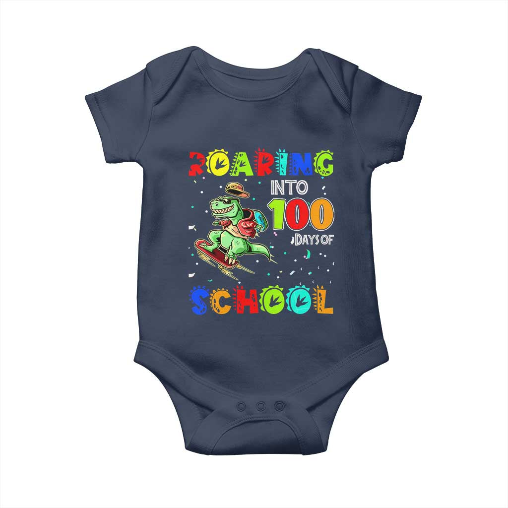 Funny Dinosaur Trex Roaring Into 100 Days Of School Baby Onesie TS10 Navy Print Your Wear