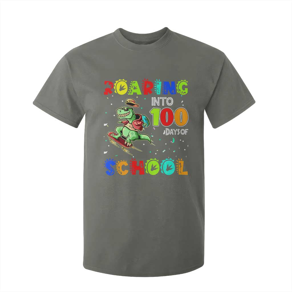 Funny Dinosaur Trex Roaring Into 100 Days Of School T Shirt For Kid TS10 Military Green Print Your Wear